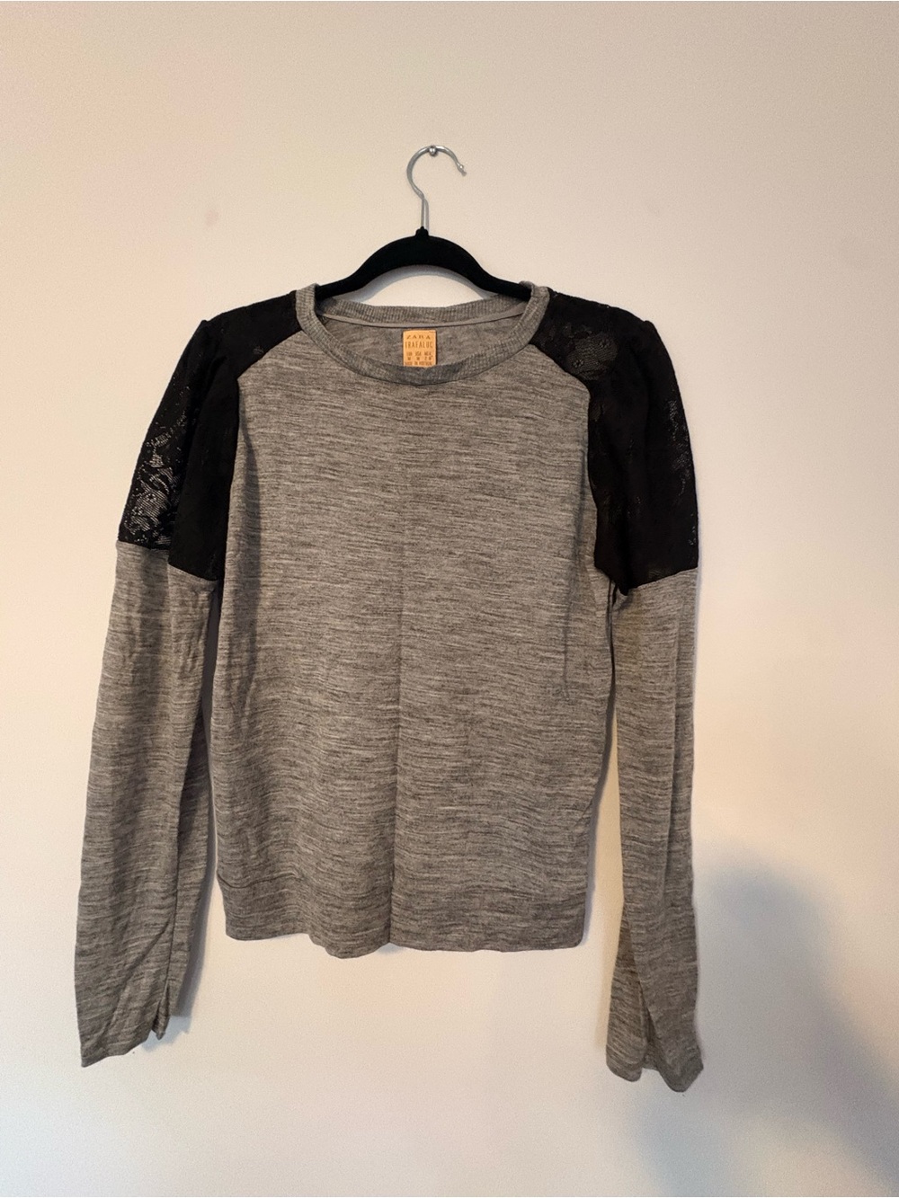 Zara Gray Long Sleeve Sweatshirt with Black Lace Shoulders